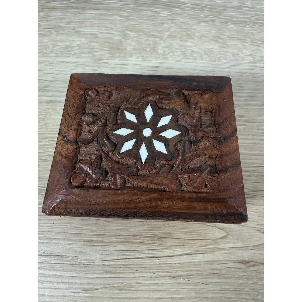 Vintage Carved Wood Trinket Box, Mother of Pearl Inlay, Hand Carved Floral